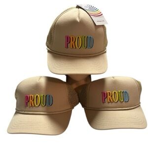 Tan Mesh Trucker Hat with Colorful 'Proud' Embroidery, 3 pc. Bundle, NWT